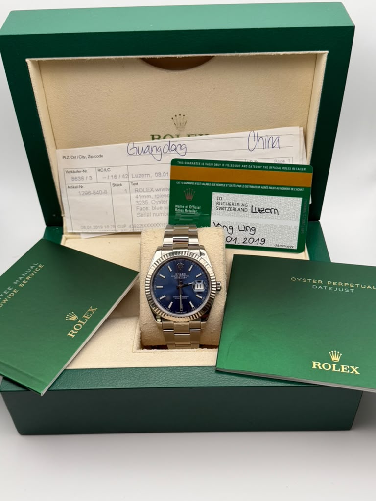 2019 Rolex Datejust 41mm Ref. 126334 | Sunburst Blue Stick Dial | Full Set |